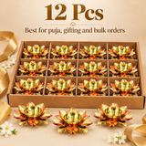 Set of 12 brass lotus diyas arranged on beige background for bulk gifting and festive use