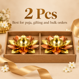 Set of 2 brass lotus diyas arranged on beige background for gifting and return gift use