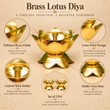 Brass Lotus Diya product features infographic highlighting the polished golden brass construction, elegant lotus flower petal design, central cylindrical wick holder, smooth circular oil reservoir, and decorative stable lotus-shaped pedestal base. The illustration also highlights the matching set of two brass diyas, featuring traditional flower-inspired detailing, fine horizontal grooves, and beautiful reflective metallic surfaces. These decorative brass pooja oil lamps are suitable for daily devotional wor