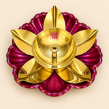 Detailed angled photograph of a lotus shaped brass diya showing the polished golden central bowl and wick holder, broad reflective brass petals and layered magenta scalloped flower base with decorative texture, photographed on a neutral beige studio background to highlight the traditional floral design for puja, Diwali celebrations, festive decoration and gift purposes.