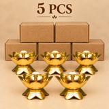 Brass Lotus Diya Pack of 5 Pcs featuring five matching traditional brass pooja oil lamps with a beautifully polished golden finish, decorative lotus flower-shaped bowls, elegantly raised outer petals, central cylindrical wick holders, and sturdy lotus-petal pedestal bases. Each compact brass diya measures 3 inches in diameter and 2 inches in height, providing an attractive traditional design for home temples, daily prayers, devotional ceremonies, and festive religious decorations.