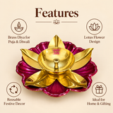 Brass lotus diya features image showing the decorative lotus flower design with polished golden brass bowl, central wick holder, gold leaf style petals and contrasting magenta floral base, suitable for puja, Diwali celebrations, festive home decor, traditional ceremonies, reusable decoration, housewarming gifts, return gifts and other religious or festive gifting occasions.