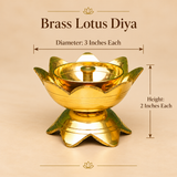 Brass Lotus Diya product size guide illustrating the dimensions of each traditional brass oil lamp, measuring 3 inches in diameter and 2 inches in overall height. The decorative golden brass diya features a polished circular inner oil reservoir, raised central cylindrical wick holder, beautifully shaped upward-facing lotus flower petals, fine horizontal grooves, and a sturdy lotus-petal pedestal base. The size guide helps customers understand the compact proportions of this traditional brass pooja lamp for 