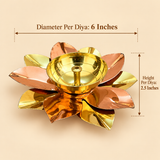 Size guide of brass lotus diya showing 6 inch diameter and 2.5 inch height on beige background