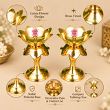 Detailed features image of a traditional Brass Lotus Diya Stand highlighting its elegant lotus flower design, polished golden brass finish, decorative layered petals, central oil wick holder and stable circular pedestal base. The 5.5-inch-tall diya stand features a 2.5-inch-diameter lotus top with beautifully shaped petals. Suitable for daily puja rituals, festive decoration, traditional oil lamp arrangements, Diwali celebrations and decorative tabletop displays.