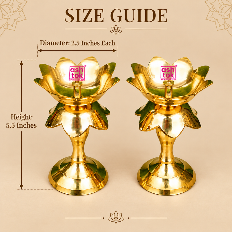 Brass Lotus Diya Stand size guide showing two golden brass lotus-shaped oil lamps with detailed measurements. Each diya stand measures 2.5 inches in diameter and 5.5 inches in overall height. Features an open lotus flower bowl, central wick holder, decorative petal-shaped detailing, slender supporting stem and circular pedestal base. The measurement guide helps customers understand the dimensions for pooja room placement, home mandir decoration and festive arrangements.