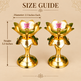 Brass Lotus Diya Stand size guide showing two golden brass lotus-shaped oil lamps with detailed measurements. Each diya stand measures 2.5 inches in diameter and 5.5 inches in overall height. Features an open lotus flower bowl, central wick holder, decorative petal-shaped detailing, slender supporting stem and circular pedestal base. The measurement guide helps customers understand the dimensions for pooja room placement, home mandir decoration and festive arrangements.