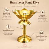 Brass Lotus Stand Diya feature image highlighting the decorative lotus petal bowl, central wick holder, turned brass stem, polished golden brass finish and stable round base, presented on a beige background with ASHTOK branding to showcase the product’s traditional design, functional construction and elegant decorative appearance.