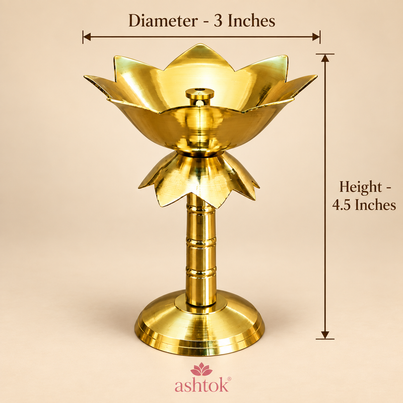 Brass Lotus Stand Diya shown with clear size measurements of 3 inches diameter and 4.5 inches height, featuring a lotus-shaped bowl, central wick holder, polished brass stem and stable base on a beige background, helping customers understand the overall dimensions and proportions of the product before purchase.