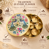Features image of brass masala box highlighting the meenakari peacock design lid, 7 spacious compartments, premium brass finish, included spoon and traditional kitchen utility, presented in an elegant beige layout suitable for Shopify product pages.
