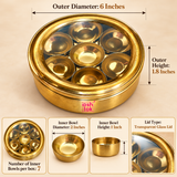 Size guide for brass masala box showing 6 inch outer diameter, 1.8 inch outer height, seven inner bowls, 2 inch inner bowl diameter, 1 inch inner bowl height and transparent glass lid.