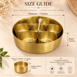 Size guide image for brass masala box showing the main spice container with 7 inch diameter and 2 inch height, along with the inner bowl dimensions of 2.5 inch diameter and 2 inch height, presented on a premium beige background for clear product measurement reference.
