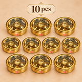 Set of 10 brass masala boxes arranged in an organized display, each featuring a transparent glass lid and seven inner spice bowls for festive gifting, events and bulk purchasing.