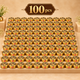 Bulk display of 100 brass masala boxes with transparent glass lids and seven inner spice bowls, arranged for wholesale orders, corporate gifting, weddings and large quantity requirements.