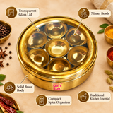 Features image of brass masala box highlighting the transparent glass lid, seven removable inner bowls, solid brass construction, compact spice organizer design and traditional kitchen use.