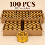 Bulk quantity image representing 100 traditional brass masala storage boxes featuring golden brass finishes, smooth cylindrical bodies and removable circular lids with transparent viewing windows. Multiple containers are neatly arranged in plain brown cardboard cartons, with an individual brass box displayed in front. Suitable for wholesale purchases, bulk gifting, wedding return gifts, kitchenware supplies and large-quantity orders.