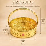 Size guide for Brass Oval Shape Phool Butti, Temple Basket and Puja Butti showing approximately 7 inches length, 5.5 inches width and 8 inches overall height including the handle. The image clearly displays the oval golden brass basket with measurement arrows, decorative cutwork sides, embossed Om base design and ASHTOK logo on a premium beige background for easy size reference before purchase.