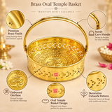 Features of Brass Oval Shape Phool Butti, Temple Basket and Puja Butti highlighting the premium polished brass finish, sturdy carry handle, decorative cutwork pattern, oval temple basket shape and embossed Om detailing inside the base. The traditional golden basket with visible ASHTOK branding is suitable for puja flowers, temple offerings, festive rituals, home mandir use and traditional gifting.