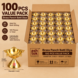 Bulk value pack presentation of 100 brass Panch Batti Diyas arranged securely inside a large partitioned cardboard carton for wholesale and large-scale gifting requirements. Multiple matching golden brass diyas are individually protected in separate compartments for safer storage and delivery, while a full-size product example is displayed beside the box with measurement references showing approximately 3 inches diameter and 2.5 inches height. 