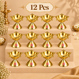 Set of 12 matching brass Panch Batti Diyas displayed together in an organized beige tiered presentation for return gifts and larger festive orders. Each diya has a polished golden brass finish, traditional lotus-inspired upper bowl, five petal-shaped wick holders and a stable flared base. The 12 piece set is suitable for wedding return gifts, festive giveaways, housewarming functions, pooja ceremonies, temple events, Diwali gifting, religious gatherings, family functions and traditional gift distribution.