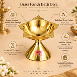Features infographic image of a traditional brass Panch Batti Diya highlighting the lotus-inspired five-wick design, polished brass finish, stable pedestal base, suitability for pooja and festive use and gifting potential. The lamp is displayed prominently on a warm beige background with feature callouts placed around the product. The upper bowl includes five petal-shaped wick extensions designed for multiple cotton wicks, while the smooth central reservoir can hold oil or ghee.