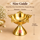 Size guide image of a brass Panch Batti Diya showing approximately 3 inches diameter and 2.5 inches height on a premium beige background. The traditional brass deepam is shown clearly with measurement arrows around the product so customers can understand the compact size before purchase. The diya features a polished golden brass surface, lotus-inspired bowl, five wick points around the rim and a flared pedestal base for stable placement.