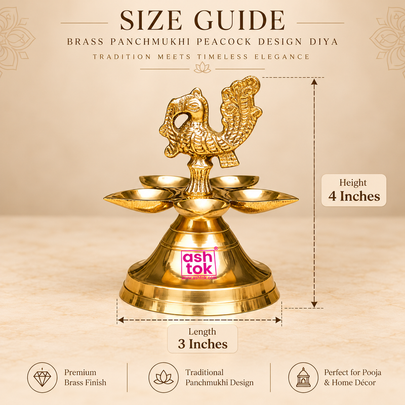 Detailed size guide image of a traditional Brass Panchmukhi Peacock Design Diya showing an overall height of 4 inches and a length of 3 inches, displayed against an elegant beige studio background with clearly marked measurement arrows. The diya features a beautifully sculpted peacock figure at the top, displaying intricate feather detailing, a gracefully curved neck, a decorative bird head, and an elaborate raised tail. Beneath the peacock are five shallow golden brass oil lamp bowls arranged 