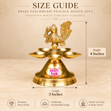 Detailed size guide image of a traditional Brass Panchmukhi Peacock Design Diya showing an overall height of 4 inches and a length of 3 inches, displayed against an elegant beige studio background with clearly marked measurement arrows. The diya features a beautifully sculpted peacock figure at the top, displaying intricate feather detailing, a gracefully curved neck, a decorative bird head, and an elaborate raised tail. Beneath the peacock are five shallow golden brass oil lamp bowls arranged 