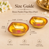 Brass Pankti Puja Diya size guide showing 2.5 inches length, 2 inches width and 0.5 inches height with traditional brass oil lamp design.