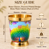 Size guide for peacock printed brass water glass showing 4 inches diameter, 3 inches height, 700 grams weight and 250 ml capacity on a premium beige background for clear product measurement reference.