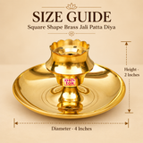Size guide image of a traditional brass pedestal diya showing approximately 4 inch diameter across the wide circular plate and 2 inch overall height from the base to the top of the scalloped diya holder, presented on a premium beige background with clear measurement arrows and a polished golden finish, helping customers understand the compact dimensions and overall proportions before purchase for puja, home mandir use, festive lighting and gifting.