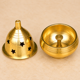 Detailed open view of traditional Brass Piyali Akhand Deep showing the removable polished brass dome with decorative star-shaped ventilation holes alongside its rounded brass oil reservoir and central vertical wick holder. The golden brass diya features a smooth interior, sturdy circular base, and traditional decorative detailing for home mandir worship, daily pooja, Diwali rituals, and devotional use