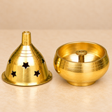Brass Piyali Akhand Deep shown with its decorative dome-shaped cover removed and placed beside the open brass oil bowl, revealing the smooth interior and raised central wick holder. The polished golden brass lamp features star-shaped ventilation cutouts, decorative circular grooves, and a traditional rounded base, making it suitable for daily pooja, home temple worship, and religious ceremonies.