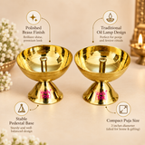 Features image of traditional brass pooja diya highlighting the polished brass finish, deep oil bowl, central wick holder, stable pedestal base and compact design suitable for daily puja, Diwali rituals and festive worship.