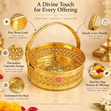 Features of Round Shaped Brass Puja Basket, Phool Butti and Flower Basket highlighting the premium polished brass look, sturdy carry handle, intricate floral and heart-style cutwork design, decorative embossed Om base and suitability for carrying flowers and puja offerings. The traditional golden basket with ASHTOK branding is presented in an elegant beige devotional setting for home mandir, temple and festive use.