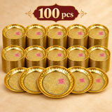 Bulk display of 100 handcrafted brass puja plates arranged in organized stacks, suitable for wholesale orders, temple functions, weddings, return gifts and large quantity festive requirements.