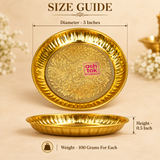 Size guide for handcrafted brass puja plate showing approximately 5 inches diameter, 0.5 inch height and 100 grams weight for each plate with clear measurement markings.