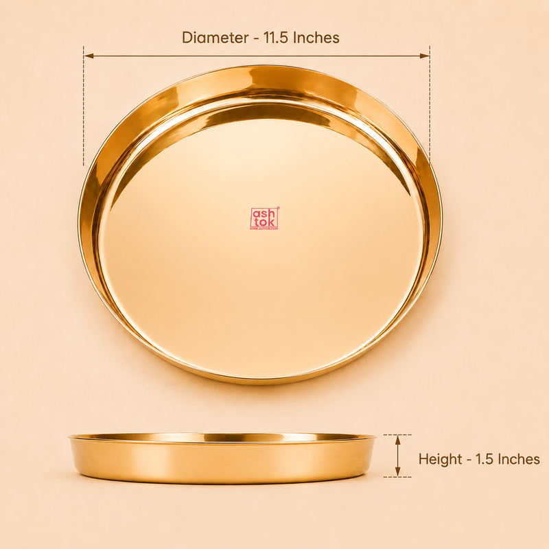 Product dimensions diagram for a brass thali showing a top view with an 11.5-inch diameter and a side profile showing a 1.5-inch height.