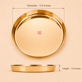 Product dimensions diagram for a brass thali showing a top view with an 11.5-inch diameter and a side profile showing a 1.5-inch height.