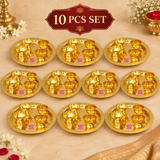 Ten piece set display of brass puja thali sets shown in an organized layout on a beige background for return gifts and bulk orders.