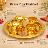 Feature image of brass puja thali set highlighting the polished brass finish, decorative tray design, and four diya holders for पूजा and festive use.