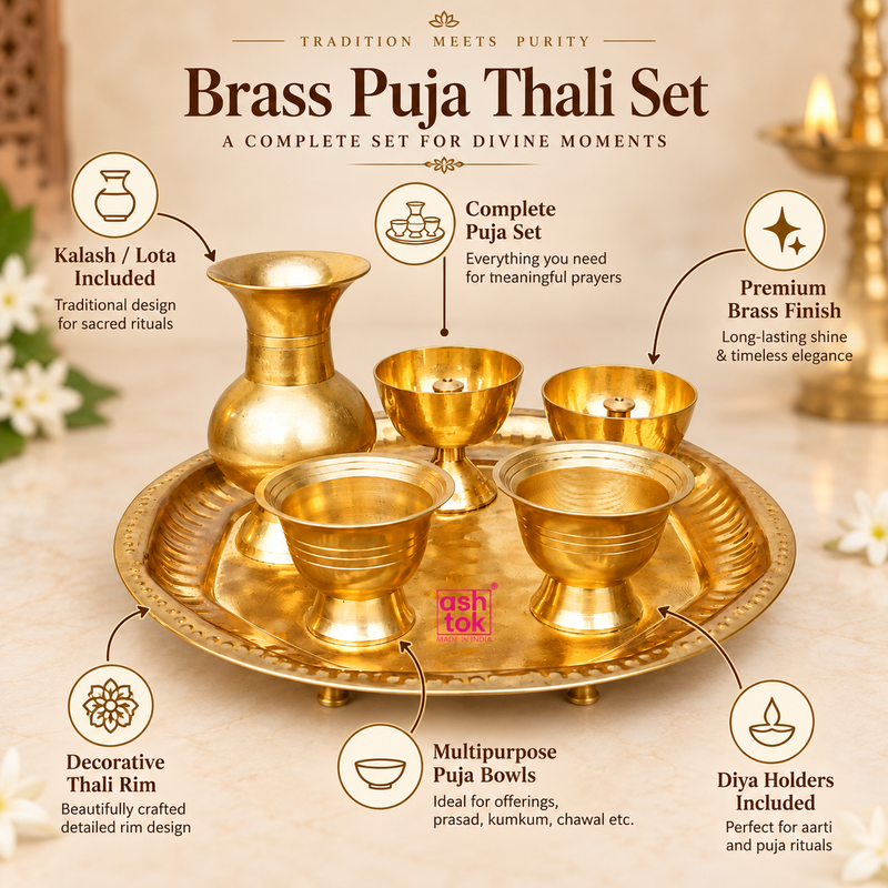 Features image of Brass Puja Thali Set highlighting the included kalash or lota, diya holders, puja bowls, decorative thali rim and premium brass finish, presented in a clean beige layout suitable for Shopify product pages.
