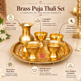 Features image of Brass Puja Thali Set highlighting the included kalash or lota, diya holders, puja bowls, decorative thali rim and premium brass finish, presented in a clean beige layout suitable for Shopify product pages.