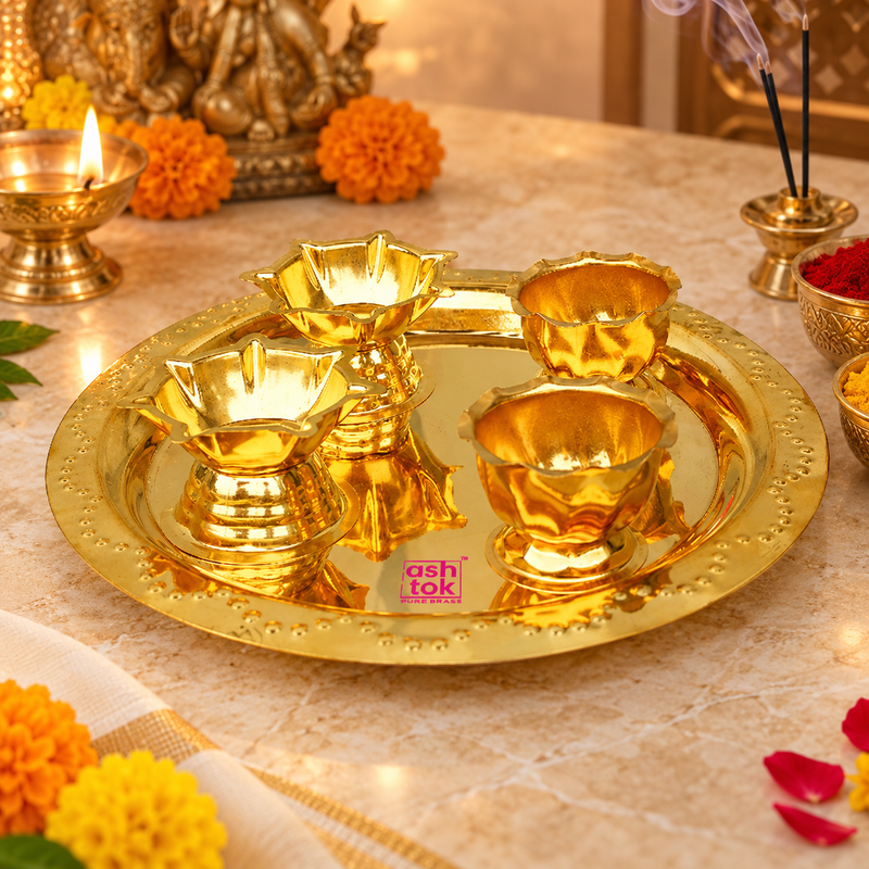 Brass puja thali set arranged in a traditional festive setting, suitable for daily puja, temple rituals, and home décor use.