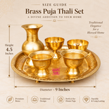 Size guide image for Brass Puja Thali Set showing approximate dimensions of 9 inches diameter and 4.5 inches height, with the full brass puja set clearly displayed on a premium beige background for easy product size reference.