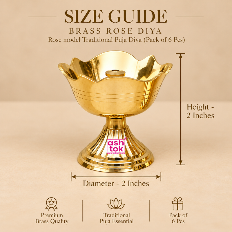 Brass Rose Diya size guide showing a traditional golden brass flower-shaped pooja lamp with a diameter of 2 inches and a total height of 2 inches. The diya features a beautifully scalloped rose petal bowl with a polished reflective interior, delicate circular engraved lines along the exterior, and a centrally positioned cylindrical holder for inserting a cotton wick. The upper bowl rests on a decorative fluted brass pedestal supported by a wide stepped circular base for stable placement during worship. Clea