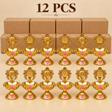 Brass Shanku Chakra Diya 12 pcs quantity image showing twelve brass diyas arranged in rows with simple cardboard packaging on a beige background