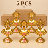 Brass Shanku Chakra Diya 5 pcs quantity image showing five polished brass diyas arranged neatly with simple cardboard packaging on a beige background.