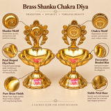 Features image of Brass Shanku Chakra Diya set of 2 highlighting the Shanku motif, Chakra motif, petal-shaped diya bowl, decorative beaded rim, pure brass finish, and stable petal base.