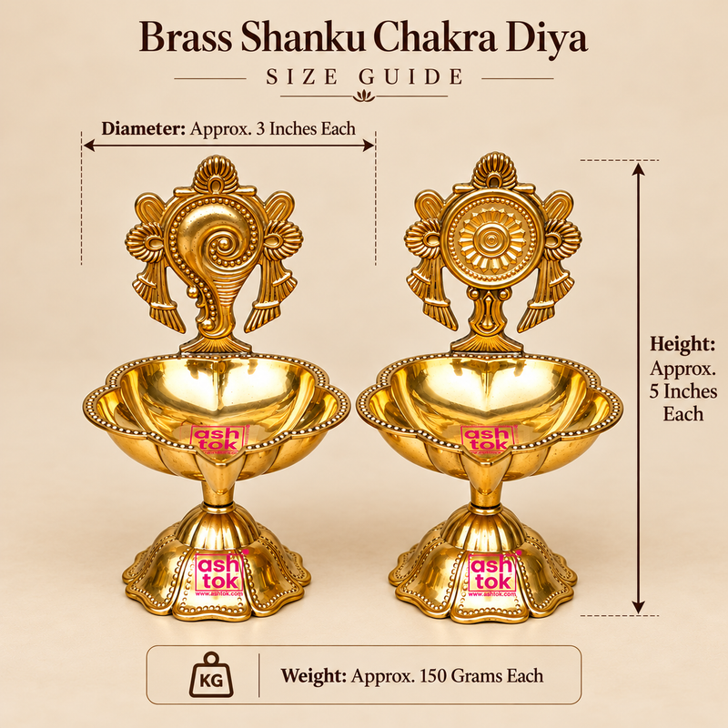 Size guide image of Brass Shanku Chakra Diya set of 2 showing approximate diameter 3 inches each, height 5 inches each, and weight 150 grams each on a beige background.